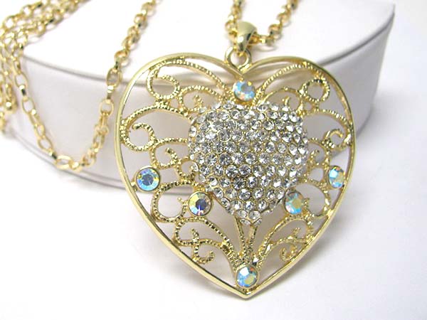 Crystal stud metal double layer heart pendant long necklace