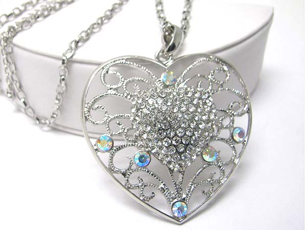 Crystal stud metal double layer heart pendant long necklace