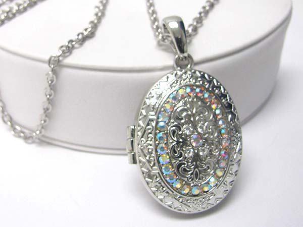 Crystal stud filigree metal oval locket pendant long necklace