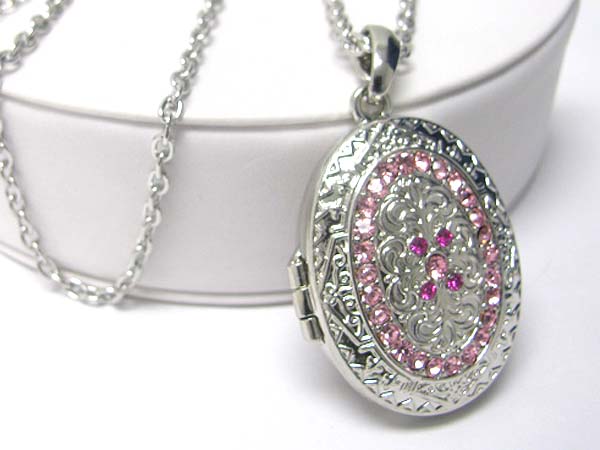 Crystal stud filigree metal oval locket pendant long necklace