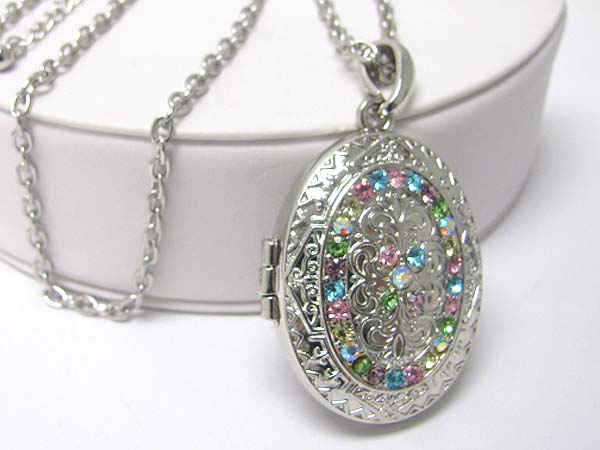 Crystal stud filigree metal oval locket pendant long necklace