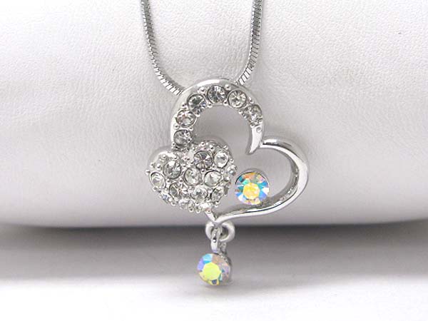 Made in korea whitegold plating crystal heart pendant and crystal drop necklace