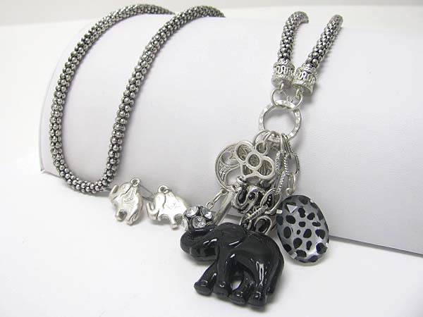 Elephant and crystal ball and multi charm long tube chain necklace earring set