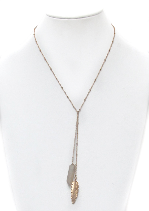 Feather and stone drop y shape necklace