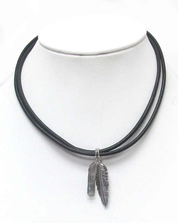 Feather and stone drop double cord necklace