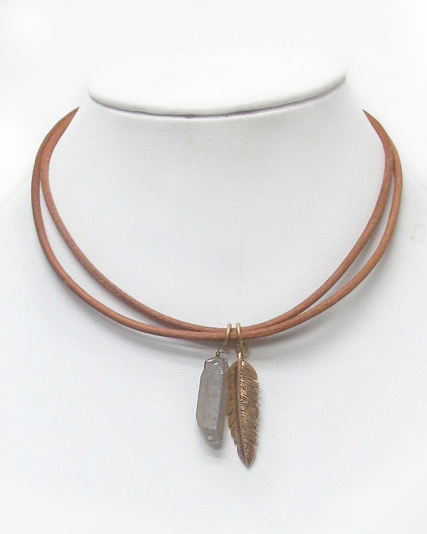 Feather and stone drop double cord necklace