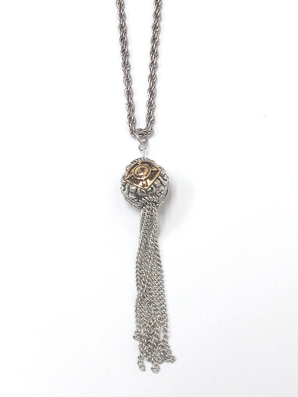 Textured metal ball and long tassel drop necklace