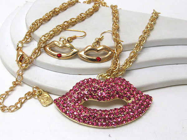 Valentine crystal lips drop long chin necklace earring set