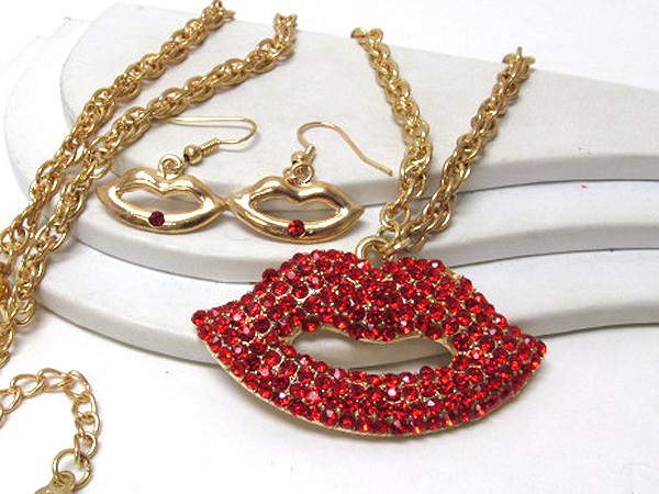 Valentine crystal lips drop long chin necklace earring set