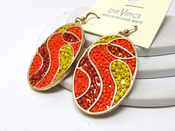 Metal oval fashion designer style multi seed beads inside drop earring