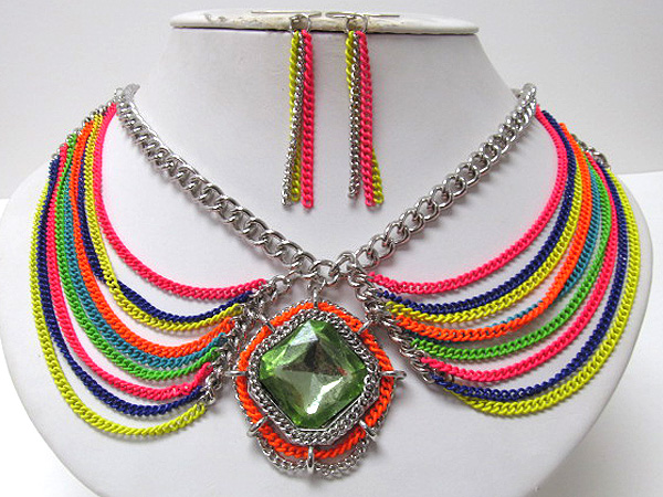 Metal square glass multi fashion colorful chain necklace earring set