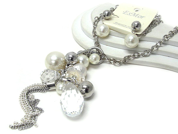 Multi mixed metal balls and pearls dangle drop long chain necklace earring set