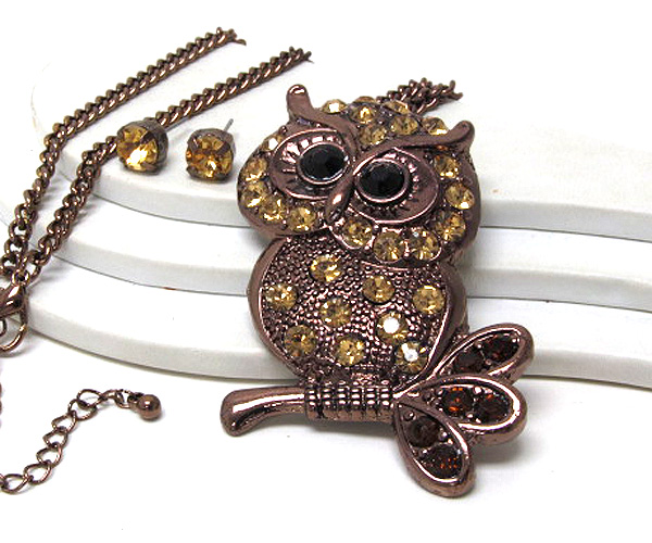 Multi crystal and crystal eyes metal fashion owl drop long chain necklace earring set