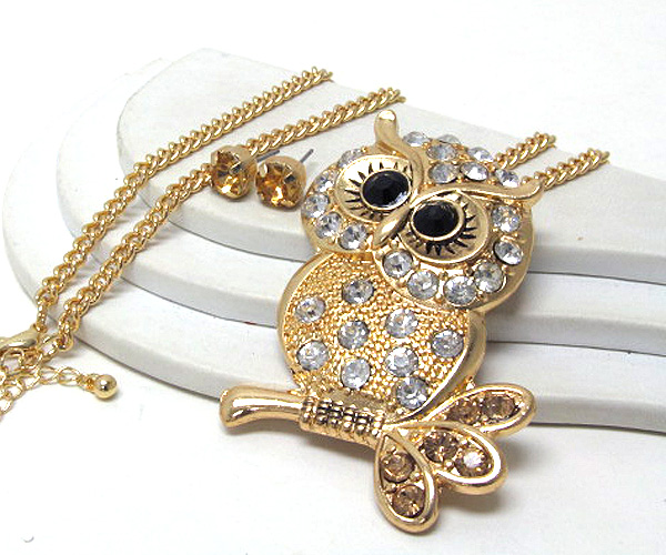 Multi crystal and crystal eyes metal fashion owl drop long chain necklace earring set