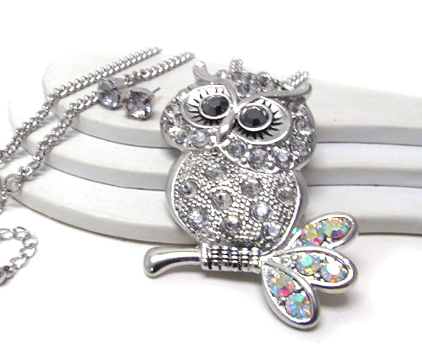 Multi crystal and crystal eyes metal fashion owl drop long chain necklace earring set