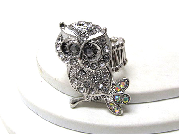 Multi crystal and crystal eyes metal fashion owl stretch ring