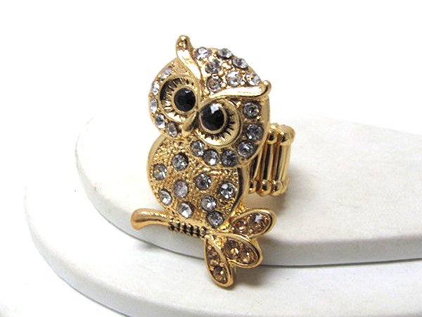 Multi crystal and crystal eyes metal fashion owl stretch ring