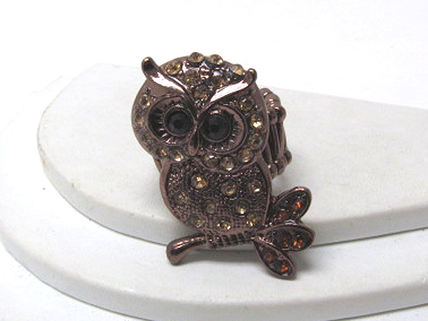 Multi crystal and crystal eyes metal fashion owl stretch ring