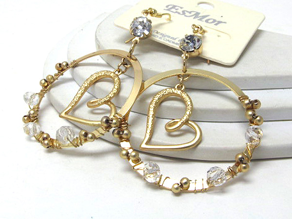 One crystal and multi crystal glass small metal balls with wire drop metal heart dangle hoop earring  - hoops