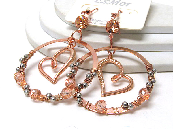 One crystal and multi crystal glass small metal balls with wire drop metal heart dangle hoop earring - hoops