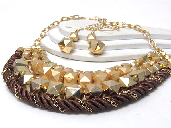 Three layer multi fashion spikes puffy square and rope twist chain drop necklace earring set