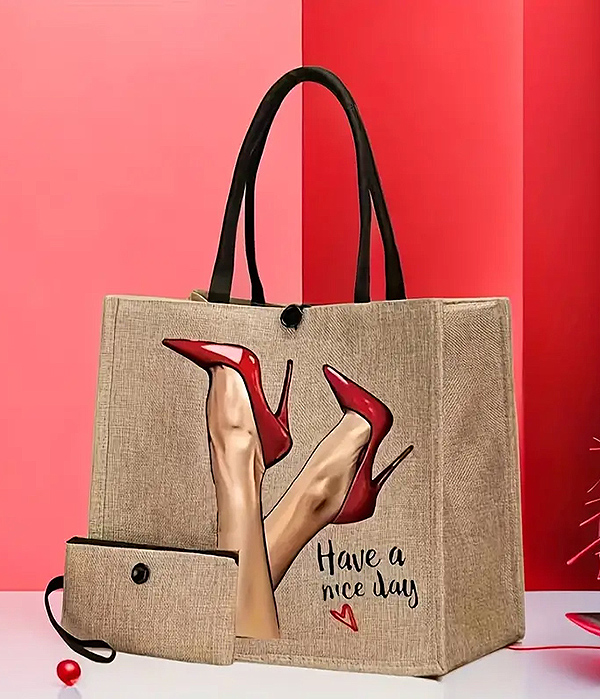 High heel print tote bag and coin purse set