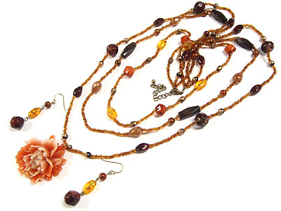 Multi beads long string flower pendant necklace and earring set