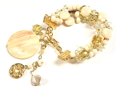 Natural material round charm dangle and stone and glass beads multi row link bracelet