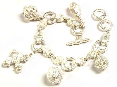 Fillegree metal ball and pearl accent cross charm dangle toggle bracelet