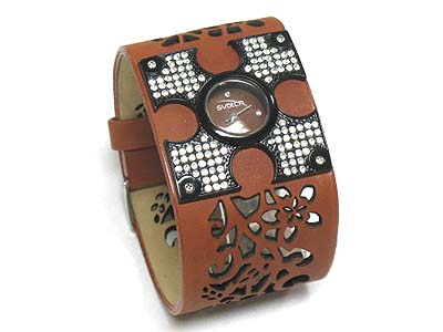 Crystal deco leather art band fashion watch