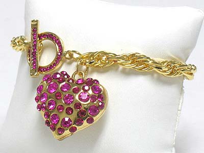 Crystal bubble puffy heart charm crystal deco toggle bracelet