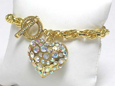 Crystal bubble puffy heart charm crystal deco toggle bracelet