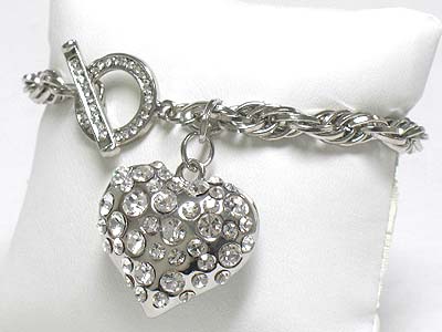 Crystal bubble puffy heart charm crystal deco toggle bracelet