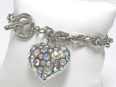 Crystal bubble puffy heart charm crystal deco toggle bracelet