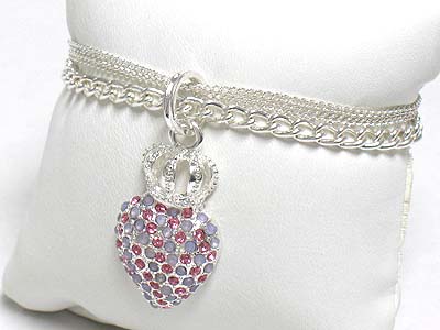 Crystal stud crown heart sole charm bracelet