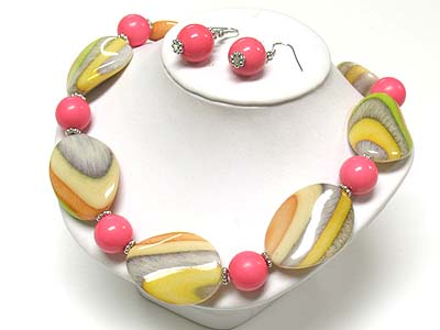 Enameled acryl disk link necklace and earring set