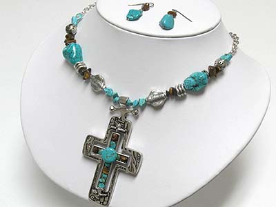 Turquoise stone cross pendant necklace and earring set