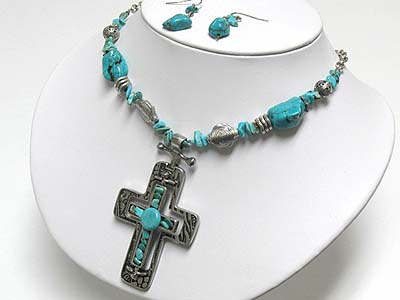 Turquoise stone cross pendant necklace and earring set