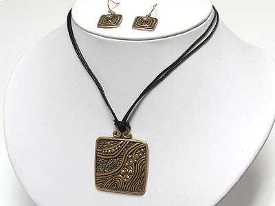 Metal filigree square pendant cord necklace and earring set