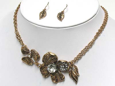 Crystal and metal filigree flower pendant necklace and earring set