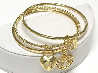 Crown charm dangle three row bangle