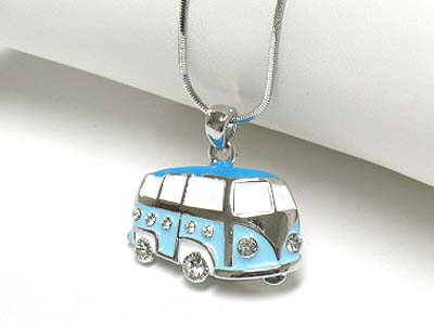 Made in korea whitegold plating crystal and enamel school bus pendant necklace 