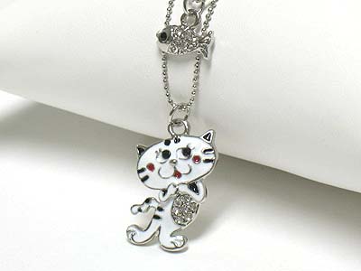 Crystal and epoxy double strand cartoon cat and fish pendant necklace