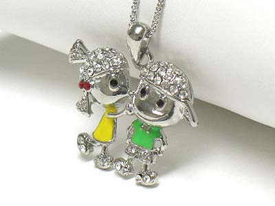 Crystal and enamel boy and girl pendant necklace