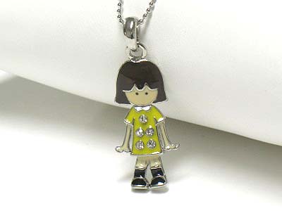 Crystal and enamel puppet girl pendant necklace