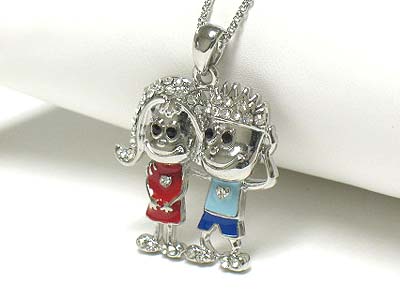 Crystal and enamel boy and girl pendant necklace