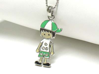 Crystal and enamel puppet girl pendant necklace