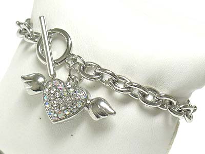 Crystal angel heart charm toggle bracelet