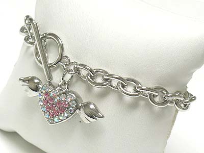 Crystal angel heart charm toggle bracelet