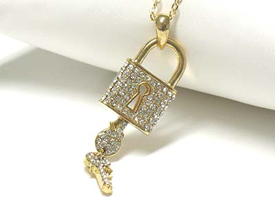 Crystal padlock and key dangle pendant necklace